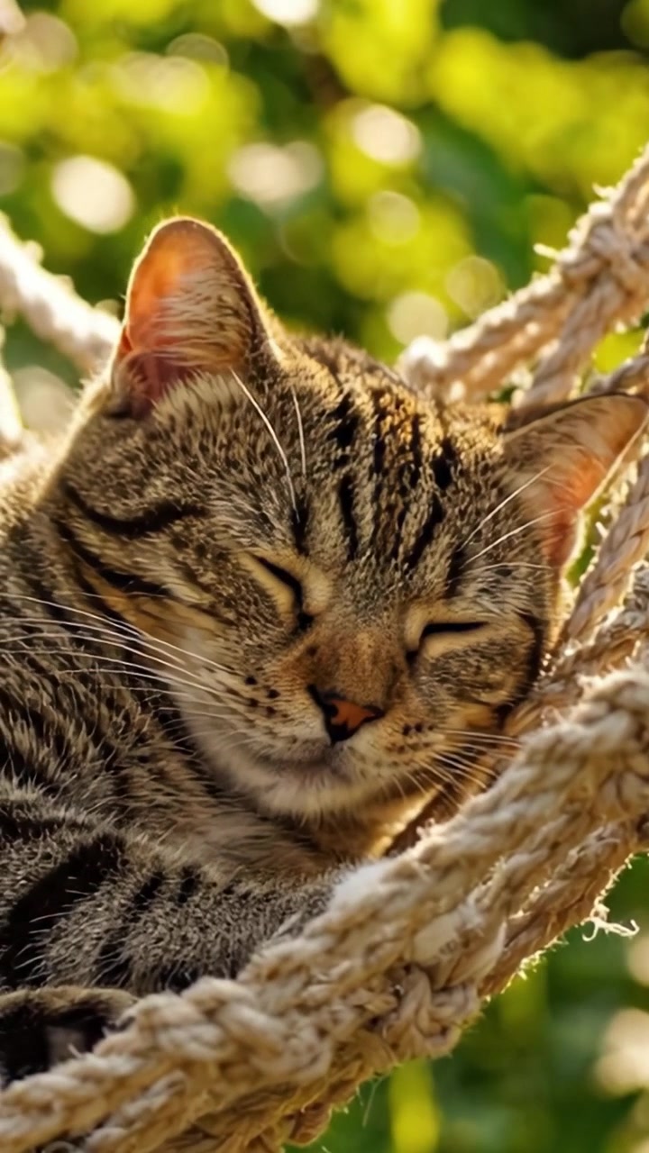 Un pacifico gatto soriano che si gode un momento di relax in un'amaca illuminata dal sole, circondato dalla bellezza della natura. Perfetto per momenti tranquilli e per gli amanti dei gatti.