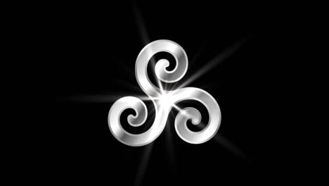 triskelion or triskele religious symbol particles animation, magical particle dust animation of religious triskelion sign with rays.