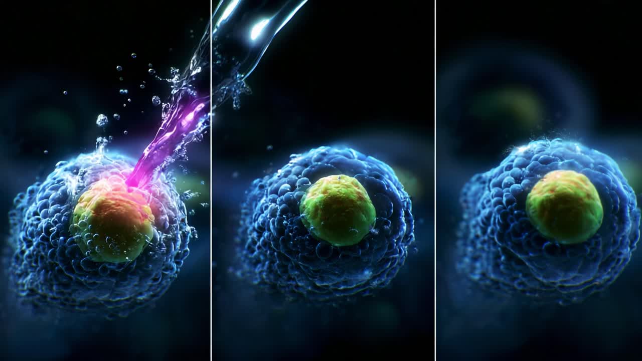 Dynamic Microcosm: A Visually Stunning Exploration of Cellular Structures and Their Responses to Fluid Interactions, Highlighting Colorful Changes and Intricate Details in Microscopic Life