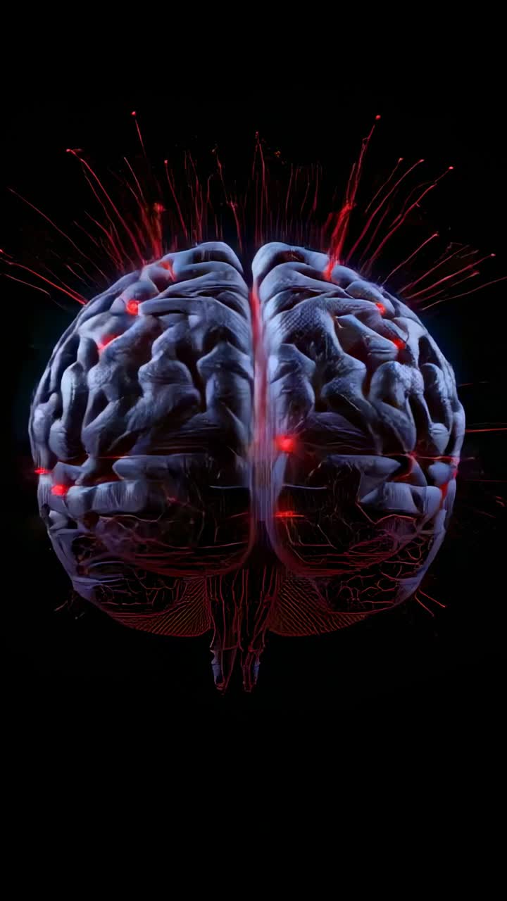 Vertical video: Rotating 3D brain model in black void as animation starts, lighting red nodes