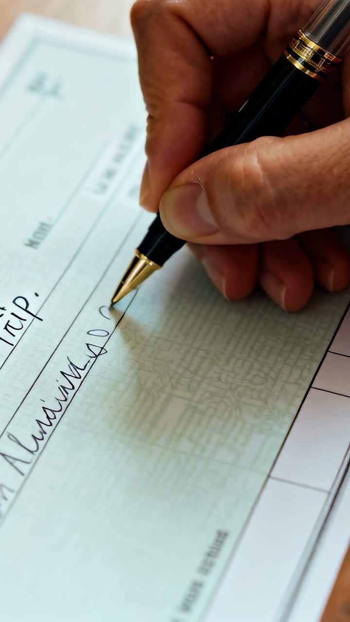 Vertical video: Man's hand holding pen touching line, starting check signing, authorizing payment