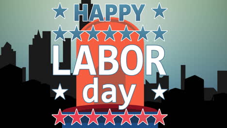 digital animation of happy labor text and stars over flashing siren against silhouette of cityscape