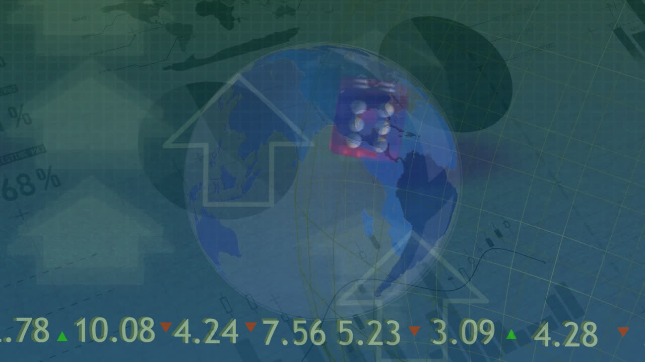 포커를 하는 사람들의 손 위에 화살표, 지구와 금융 데이터의 애니메이션