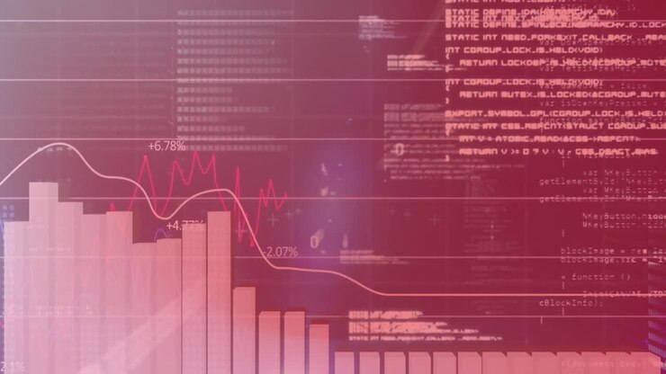 Animación de gráficos, códigos binarios y lenguaje informático contra fondo abstracto.