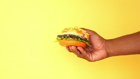 hand holding a delicious hamburger