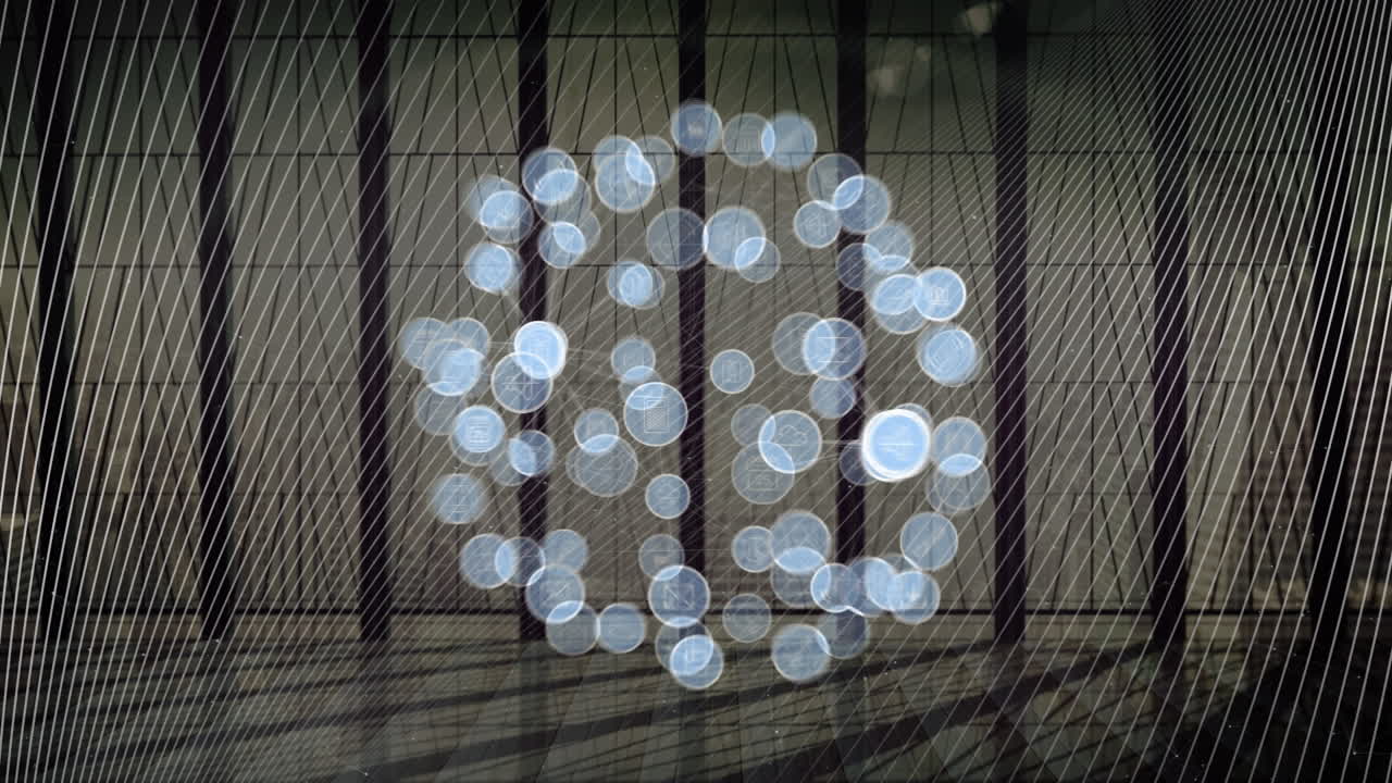 창 위에 아이콘과  ⁇  선을 가진 연결 네트워크의 애니메이션