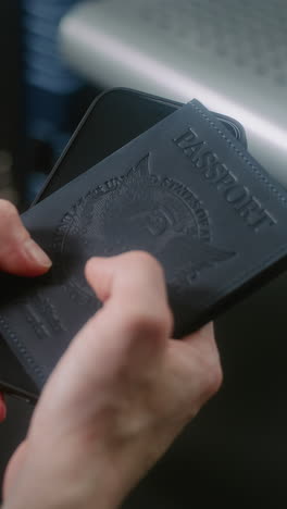 person holding a us passport next to a smartphone