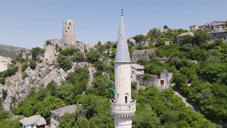 Close-up-aerial-orbit-Sisman-Ibrahim-Pasha-Mosque,-Pocitelj,-Bosnia-and-Herzegovina