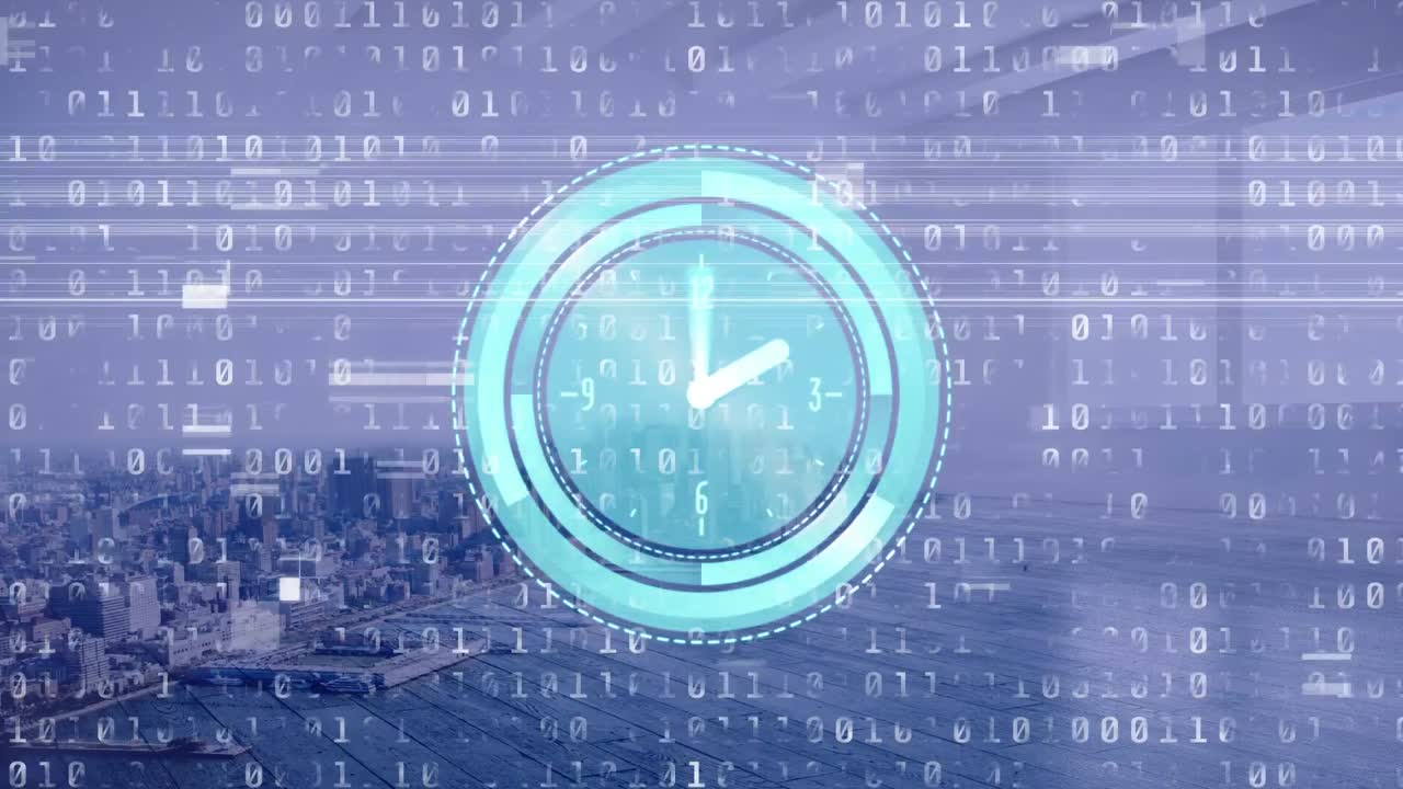 Animation of data processing with clock over cityscape
