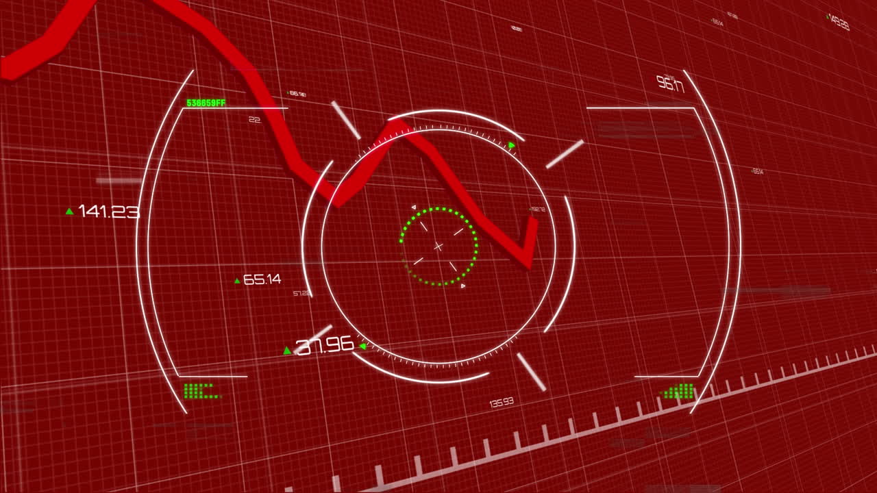 animación de círculos, patrón de placa de circuitos, gráfico, cambios de números contra un fondo rojo.