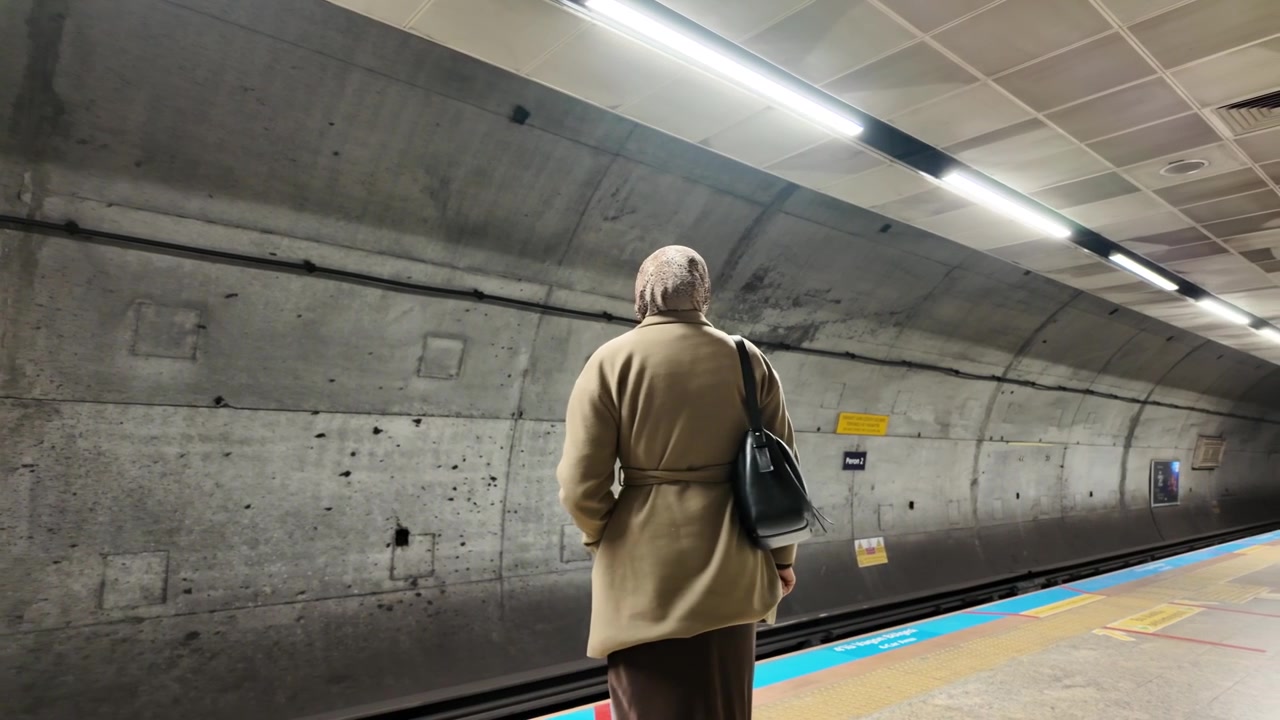 Donna con hijab che aspetta il treno alla stazione della metropolitana