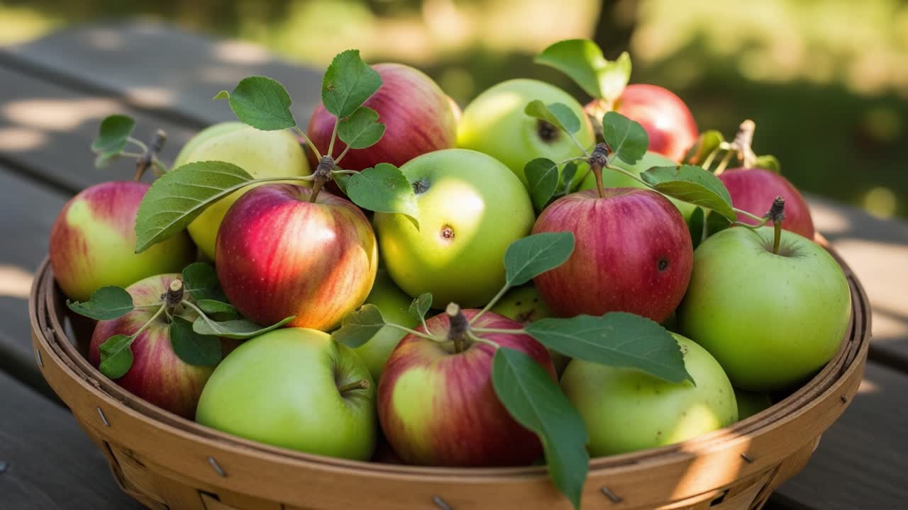 A Beautifully Arranged Basket Full of Fresh Red and Green Apples Exuding Vibrant Colors, Perfect for Enjoying Nature's Bounty and Promoting Healthy Snacking Choices