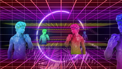 animación de interferencia sobre esculturas con hojas tropicales y sobre líneas en fondo negro