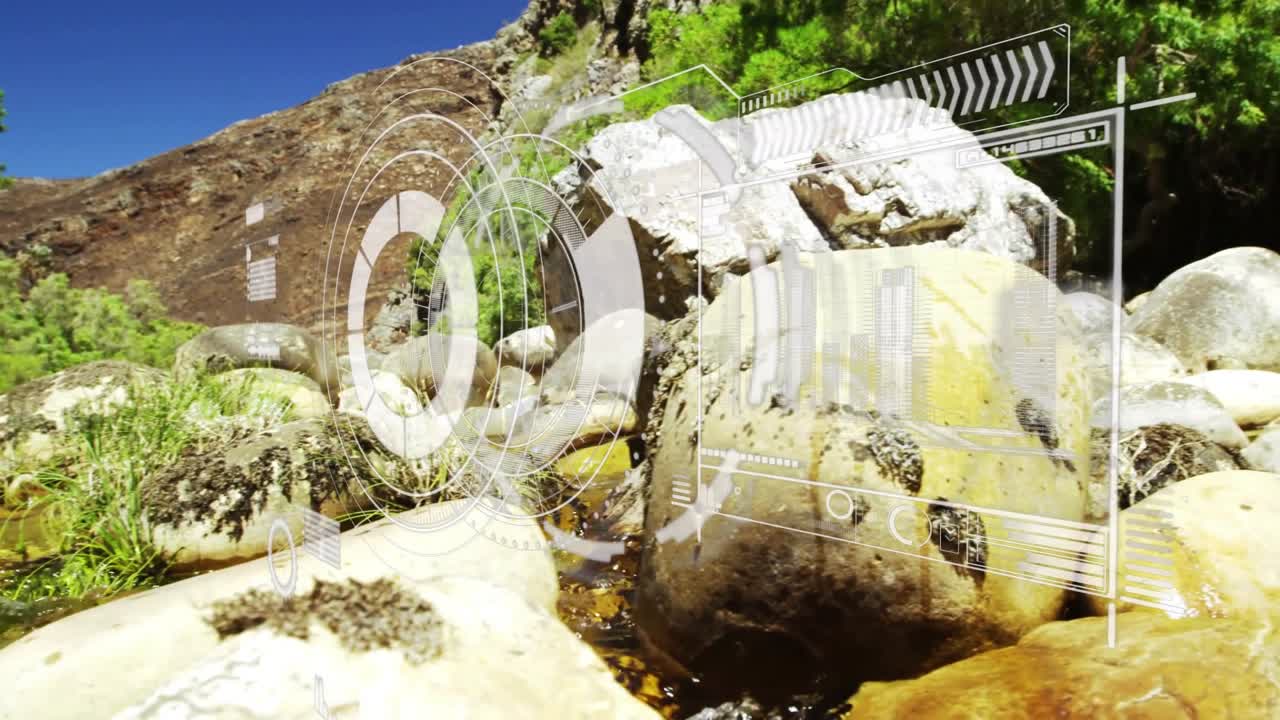 AR-software scanner en sten fra en bjergstrøm, med holografisk HUD-grafik, der overlejrer skematiske tegninger