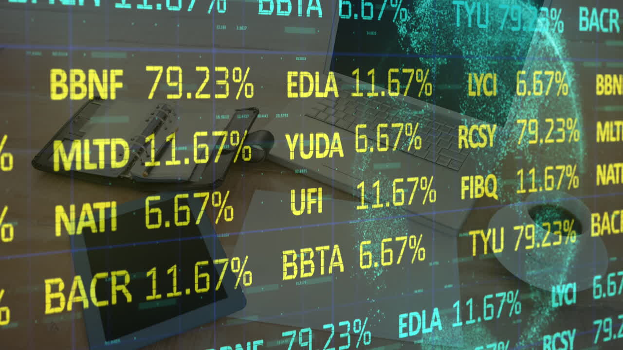 Digital composite video of stock market data processing against laptop and office equipment on desk