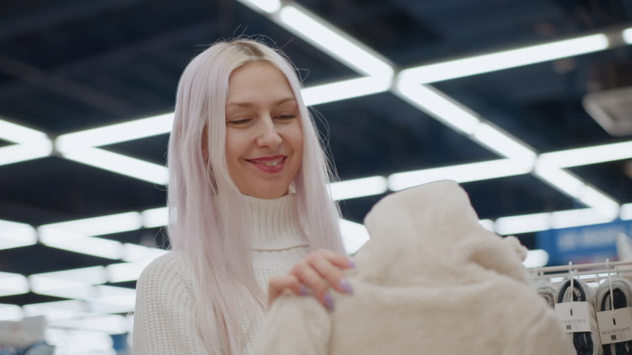 Portrait of woman admiring toddler hoodie in well lit store, smiling while inspecting plush fabric texture and hood detail against blurred pastel jackets in ambient retail environment