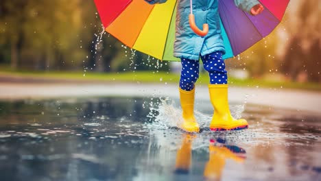 child with colorful umbrella and yellow boots splashing in puddles