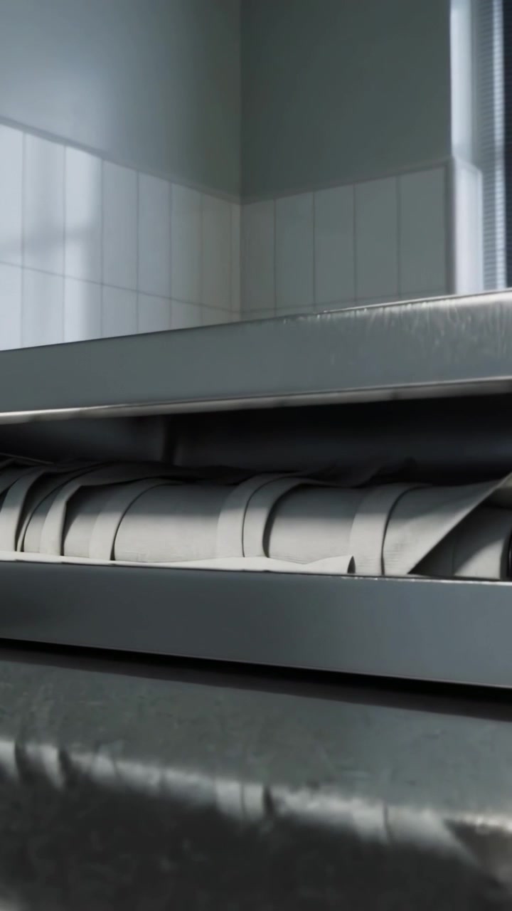 Vertical video: Opening plate, press smoothing linen through rib roller in tile corner, blinds