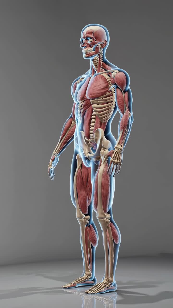 3D anatomical model of a human skeleton with muscles, viewed from a frontal angle