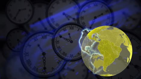 Animation-of-yellow-globe-rotating,-with-blue-lights-processing-data-over-clocks