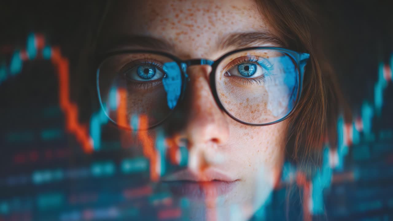 A Focused Analysis: Capturing the Intensity and Emotion in a Young Woman's Eyes While She Studies Financial Data Through Graphical Trends