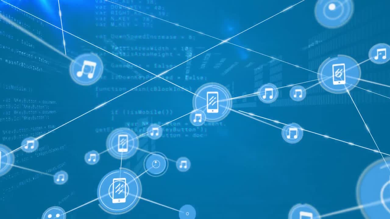 Animation of network of connections with icons and data processing