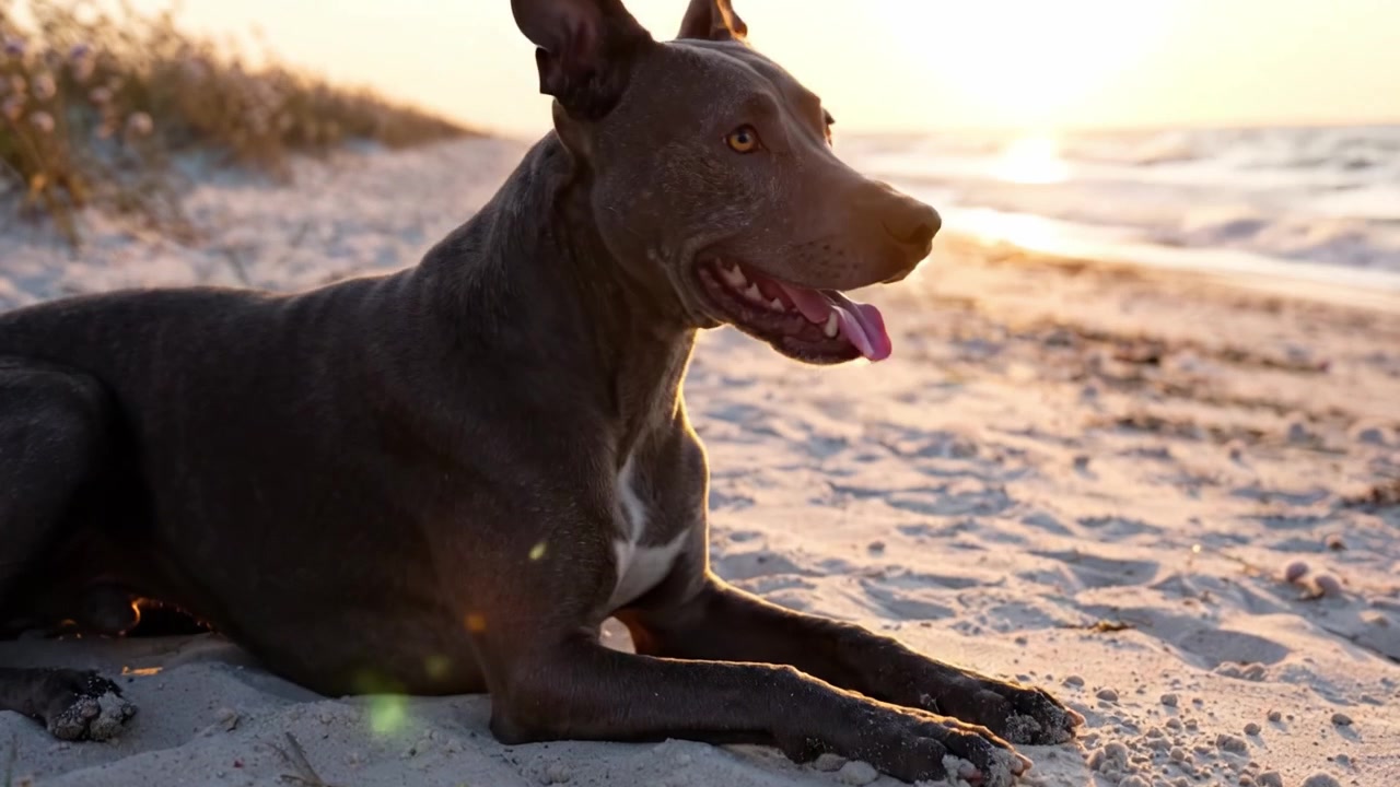 Un bellissimo cane che si gode un sereno tramonto sulla spiaggia, rilassandosi sulla sabbia con dolci onde sullo sfondo, catturando un momento di pace tra natura e compagnia.