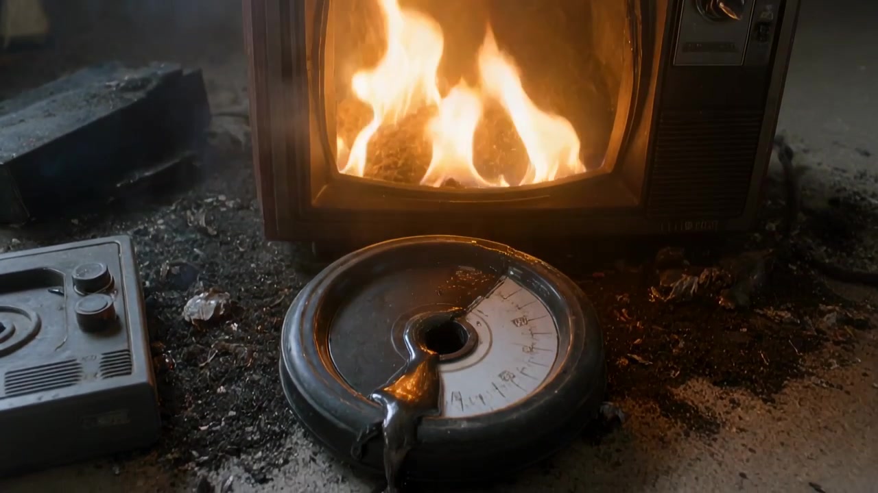 Brændende CRT-tv udsender flammer, smelter et rundt analogt drejehjul på cementgulvet og danner en smeltet pøl.