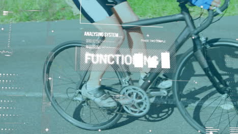 interfaz digital con procesamiento de datos contra el hombre montando en bicicleta en la carretera