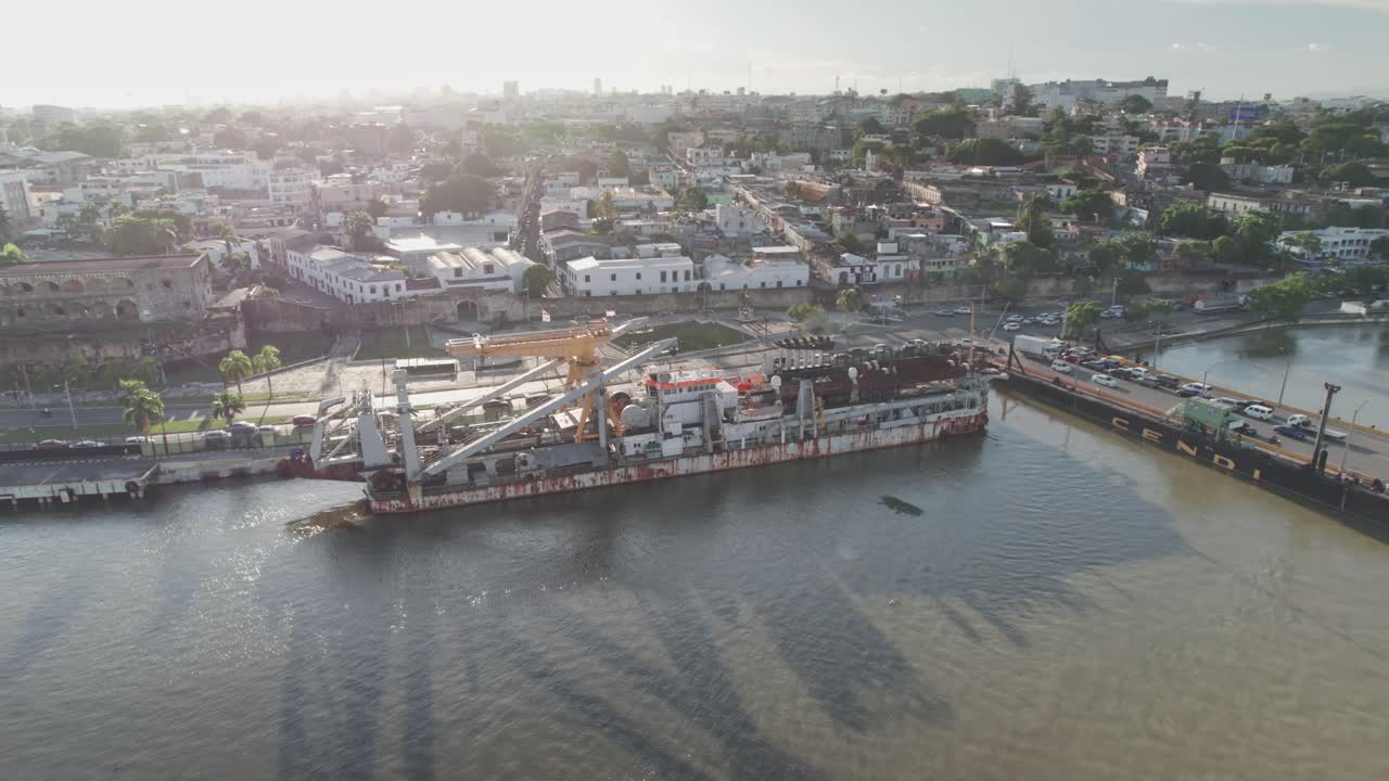 Orbit of Industrial Moored Dredger Ship in Ozama River, Santo Domingo