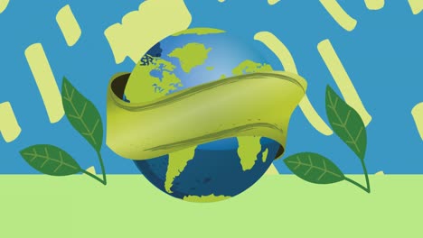 Animation-Von-Blättern,-Globus,-Eingewickelt-In-Grünes-Band-Und-Grünes-Muster-Auf-Blauem-Hintergrund