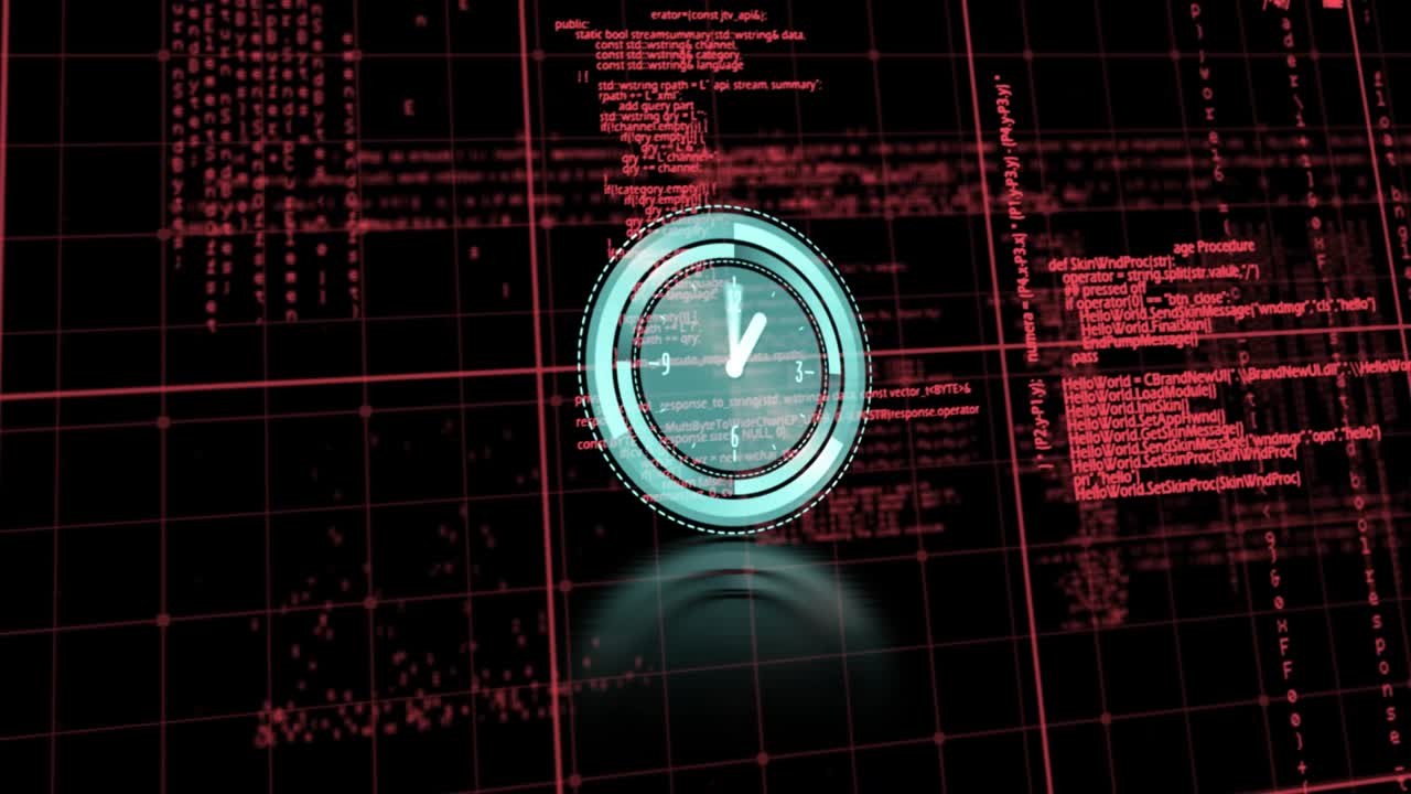 Animation of clock over data processing on black background