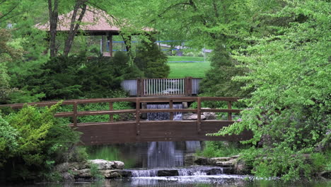 peaceful scene in city park of small stream, waterfall, and footbridge