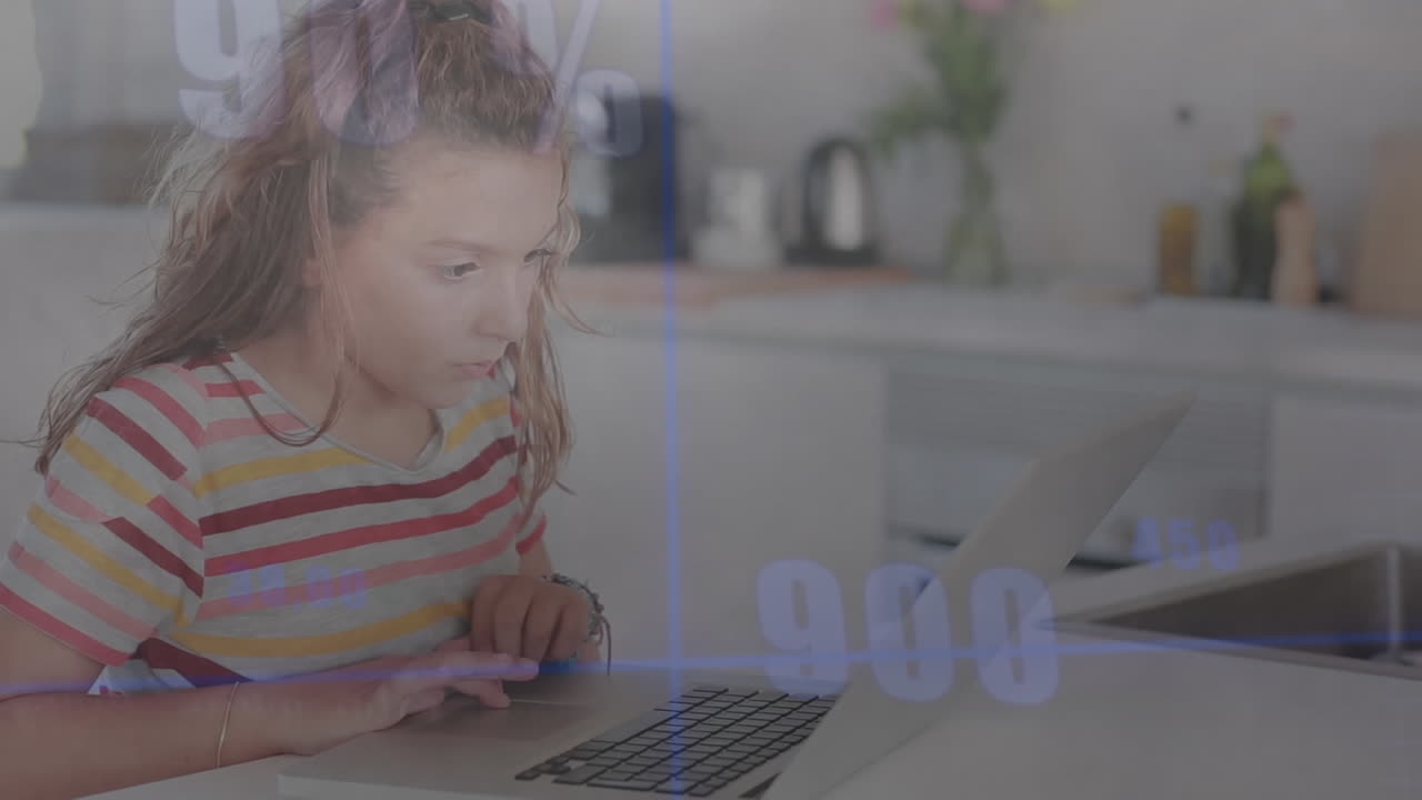 Animation of changing numbers over caucasian girl using laptop at home
