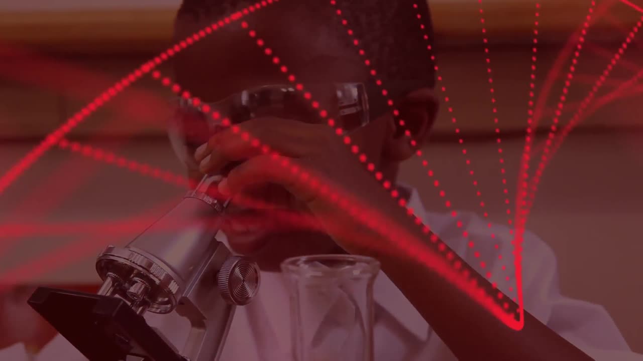 실험실에서 소년 위에 회전하는 dna 가닥의 애니메이션