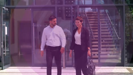 animación de un edificio de oficinas sobre personas de negocios hablando en una oficina moderna