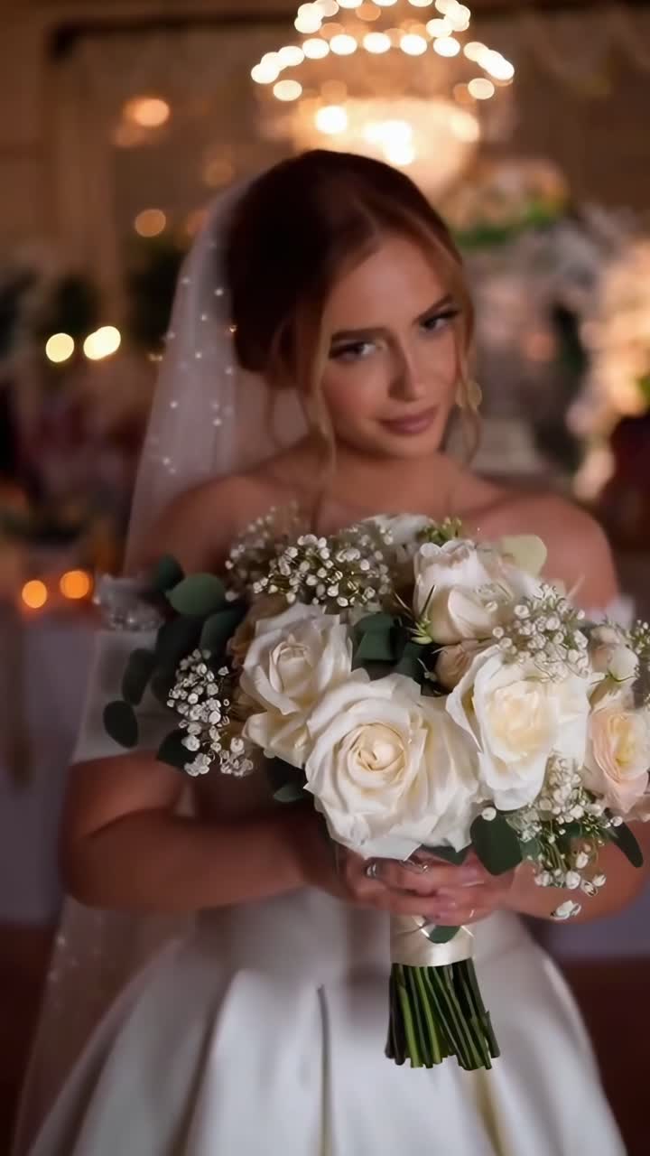 Bride holding bouquet in elegant setting, captured from a low angle, like a cinematic video