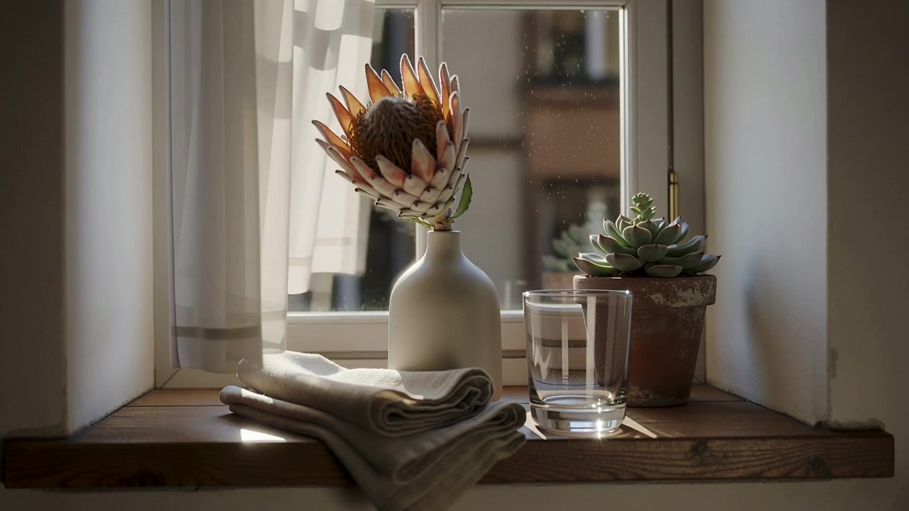 窓から吹き込む風に揺れるカーテンと、木製の窓枠を移動する陽光、マットな質感の花瓶とプロテアの花