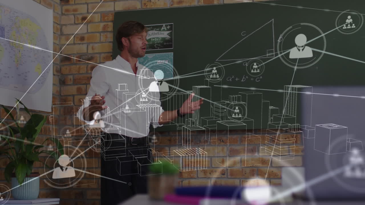 animación de procesamiento de datos con conexiones e iconos sobre empresario caucásico