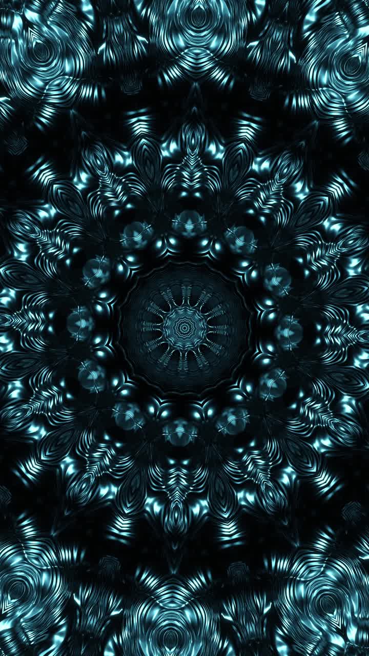Design circolare nero e blu con sfondo nero. Kaleidoscope VJ loop Verticale