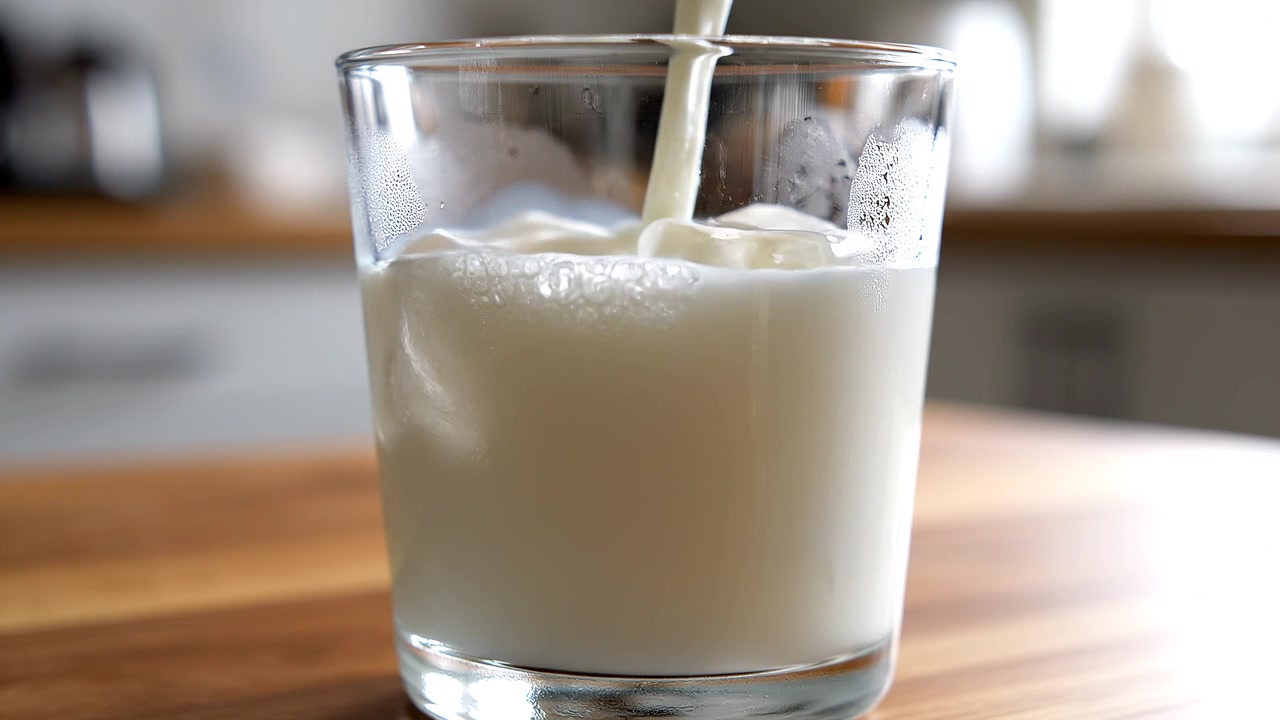 Vertiendo leche blanca fresca en un vaso con hielo