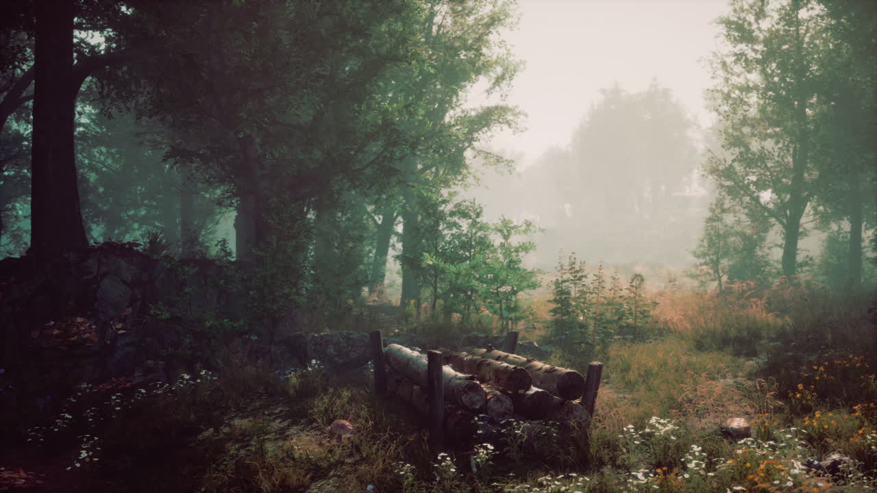 쳐진 나무를 가진 안개 숲