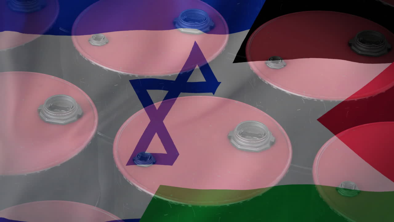 animación de barriles de petróleo sobre las banderas de palestina e israel