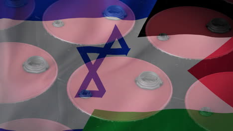 animation of oil barrels over flag of palestine and israel