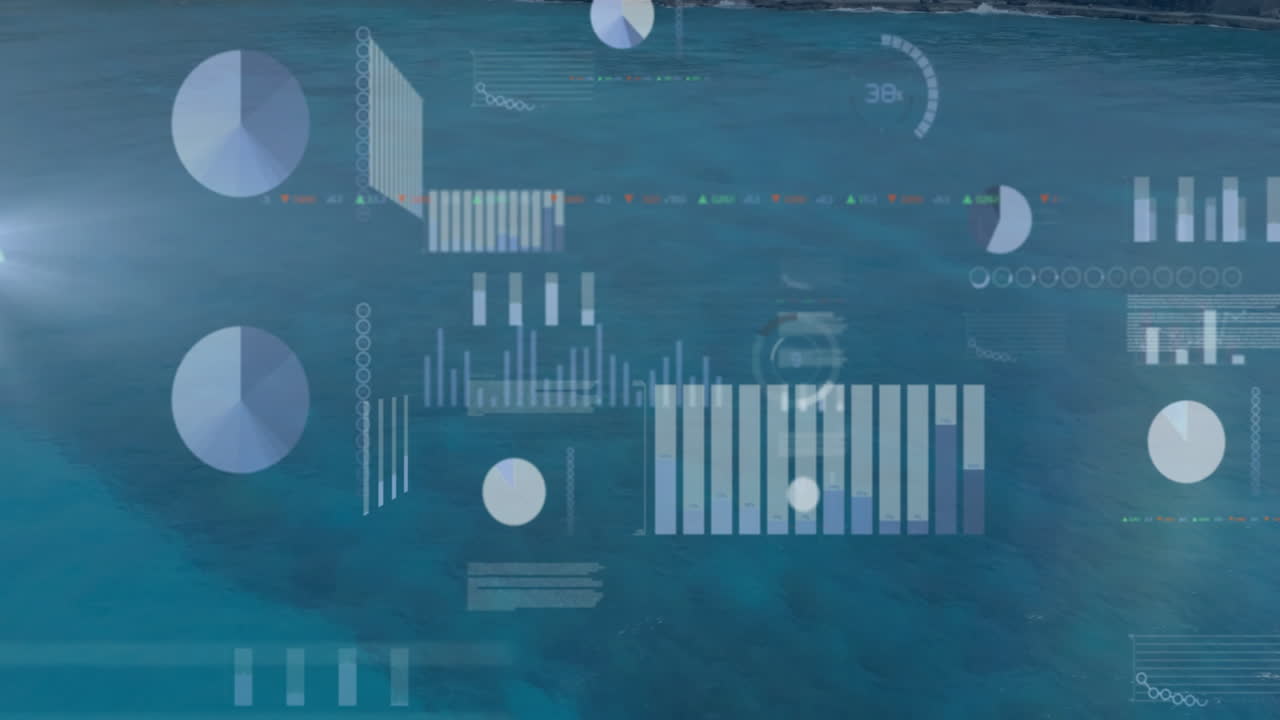 Displaying translucent data charts over turquoise ocean backdrop, showing animated flat design