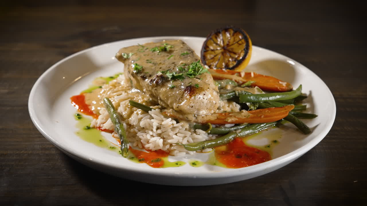 White wine garlic lemon poached white fish with rice pilaf and roasted carrots and green beans, slider 4K