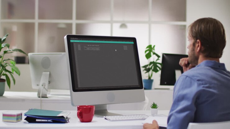 Uomo caucasico seduto alla scrivania che codifica dati su un laptop