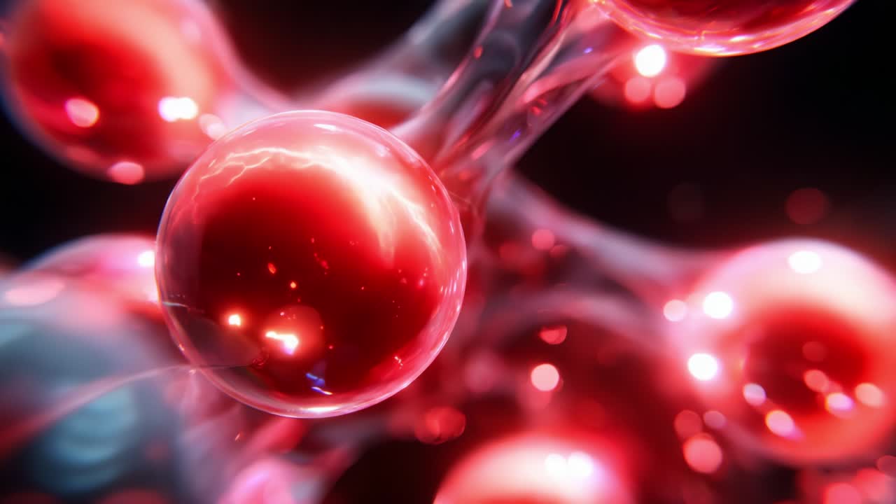 This captivating visual showcases intricate cells in vibrant red, depicting an electrifying and dynamic representation of molecular structures that highlight their beauty and scientific significance