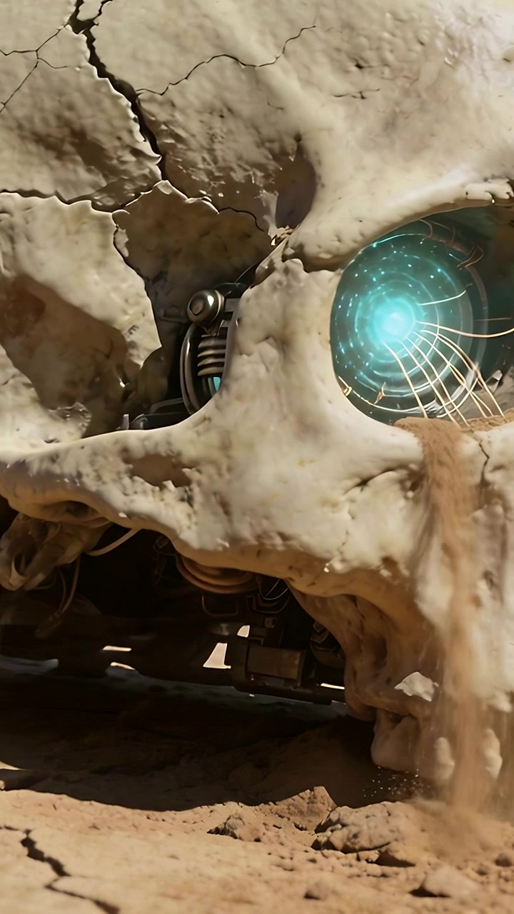 Vertical video: Moving camera, skull tilting, exposing turquoise orb and coils on cracked plain
