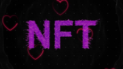 glowing red hearts with purple nft text on dark digital animation background